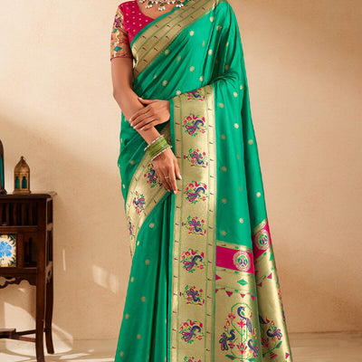 Proficient Sea Green Paithani Silk Saree With Phenomenal Blouse Piece