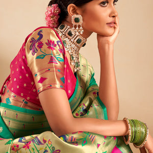 Proficient Sea Green Paithani Silk Saree With Phenomenal Blouse Piece