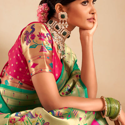 Proficient Sea Green Paithani Silk Saree With Phenomenal Blouse Piece