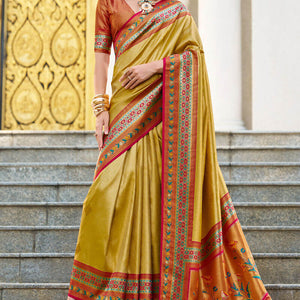Flameboyant Yellow Paithani Silk Saree With Gossamer Blouse Piece
