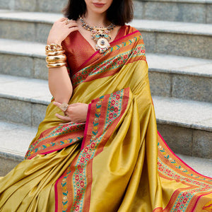Flameboyant Yellow Paithani Silk Saree With Gossamer Blouse Piece
