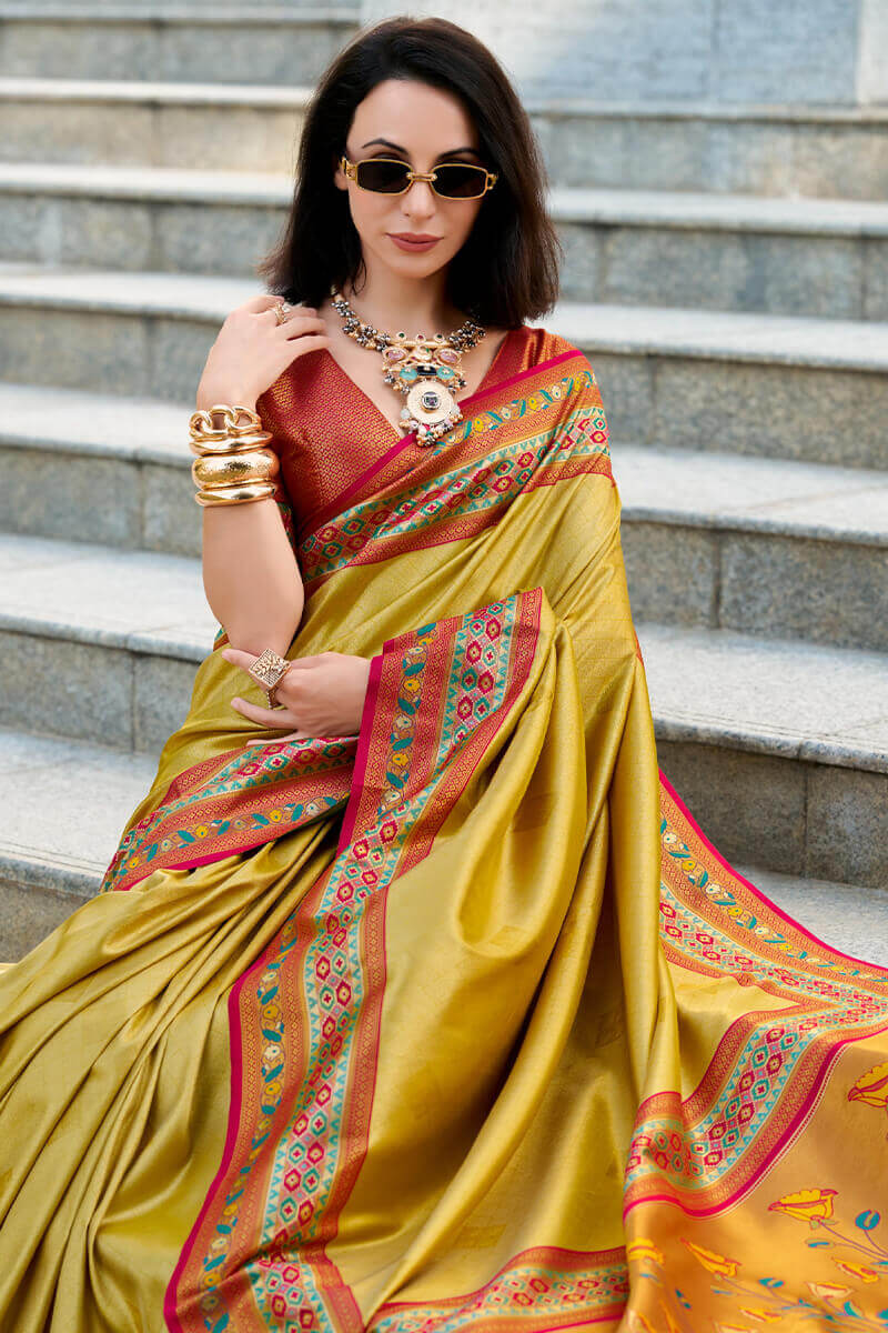 Flameboyant Yellow Paithani Silk Saree With Gossamer Blouse Piece