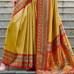 Flameboyant Yellow Paithani Silk Saree With Gossamer Blouse Piece