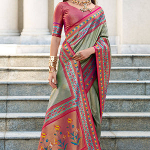 Resonant Pista Paithani Silk Saree With Invaluable Blouse Piece