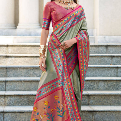 Resonant Pista Paithani Silk Saree With Invaluable Blouse Piece