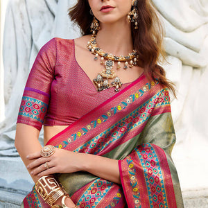 Resonant Pista Paithani Silk Saree With Invaluable Blouse Piece