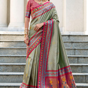 Resonant Pista Paithani Silk Saree With Invaluable Blouse Piece