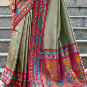 Resonant Pista Paithani Silk Saree With Invaluable Blouse Piece