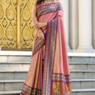 Desiring Pink Paithani Silk Saree With Lustrous Blouse Piece