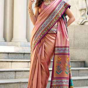 Desiring Pink Paithani Silk Saree With Lustrous Blouse Piece