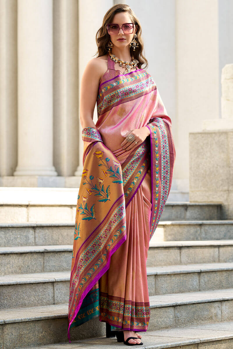 Desiring Pink Paithani Silk Saree With Lustrous Blouse Piece