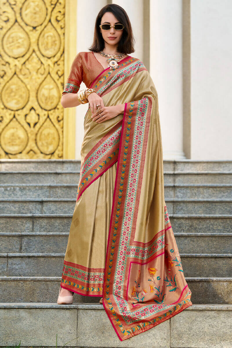 Lovely Beige Paithani Silk Saree With Seraphic Blouse Piece