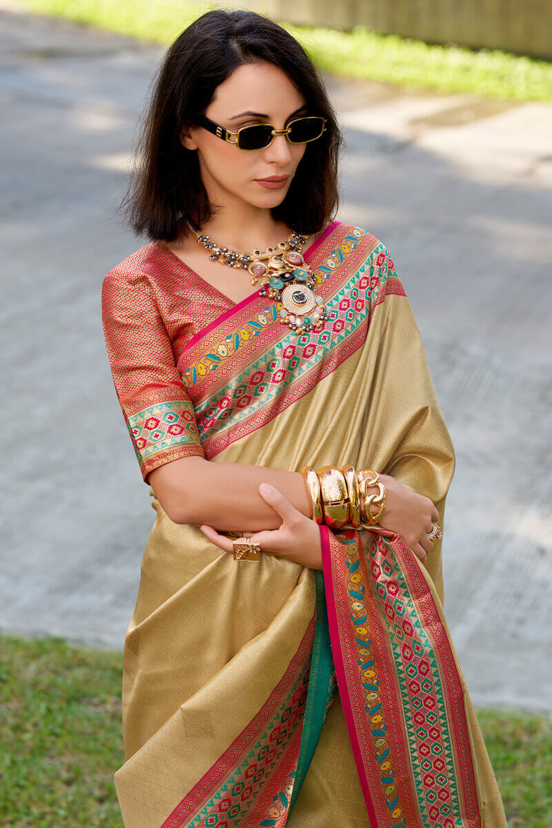 Lovely Beige Paithani Silk Saree With Seraphic Blouse Piece