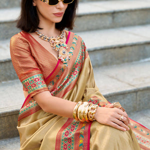 Lovely Beige Paithani Silk Saree With Seraphic Blouse Piece
