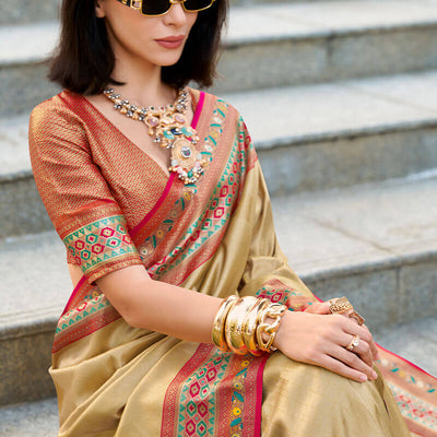 Lovely Beige Paithani Silk Saree With Seraphic Blouse Piece