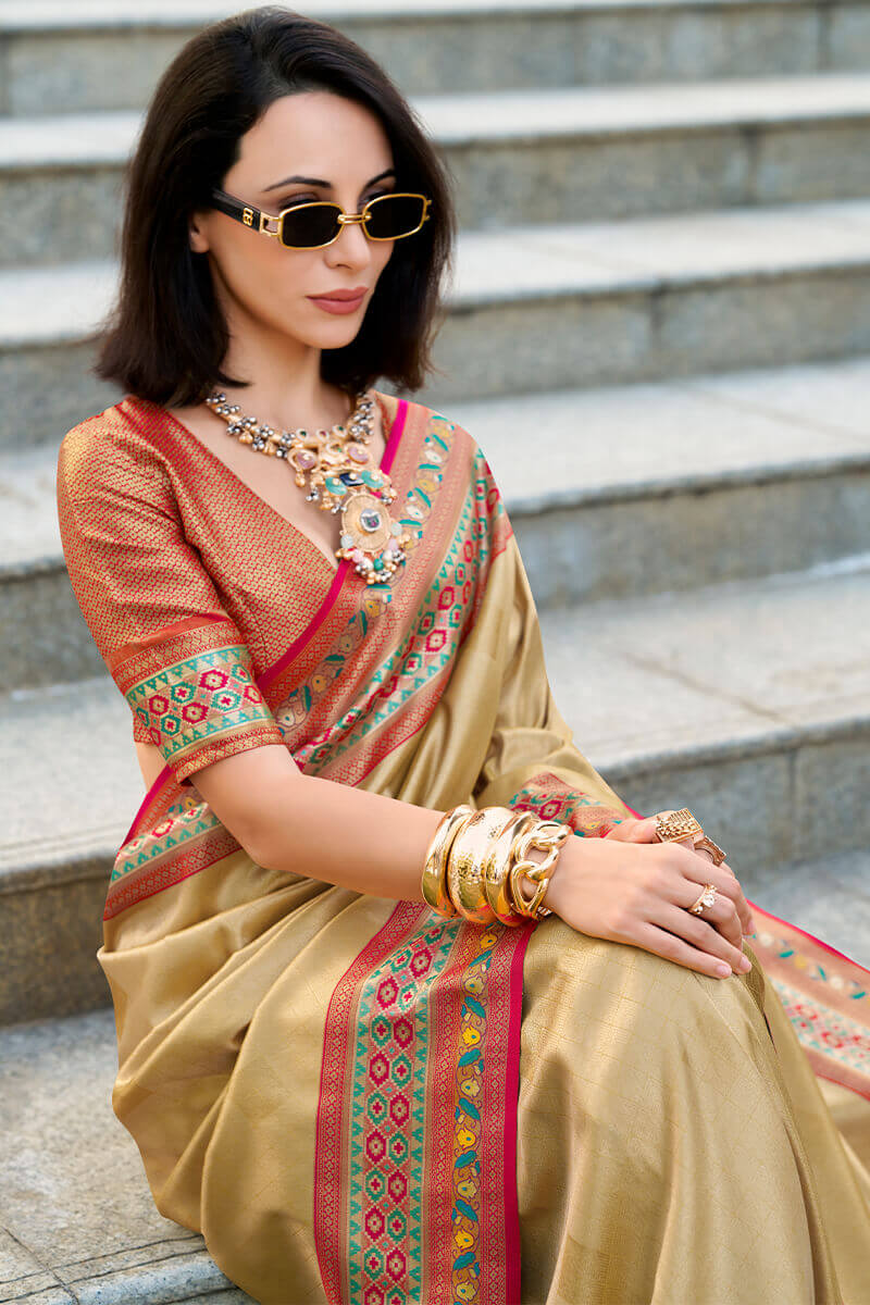 Lovely Beige Paithani Silk Saree With Seraphic Blouse Piece