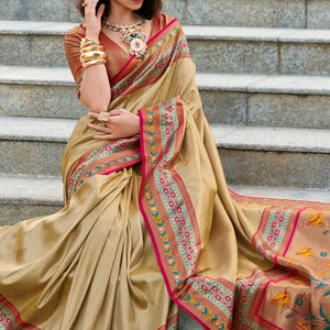 Lovely Beige Paithani Silk Saree With Seraphic Blouse Piece