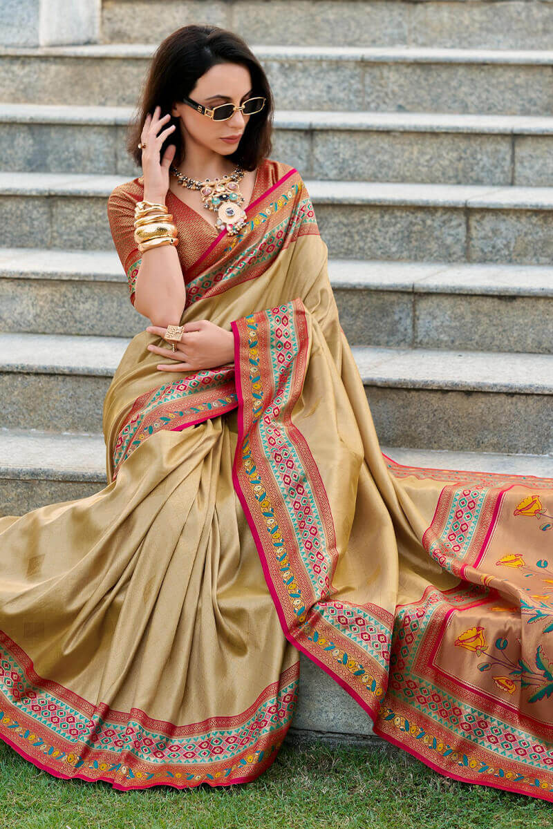 Lovely Beige Paithani Silk Saree With Seraphic Blouse Piece