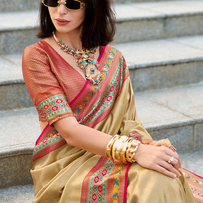 Lovely Beige Paithani Silk Saree With Seraphic Blouse Piece
