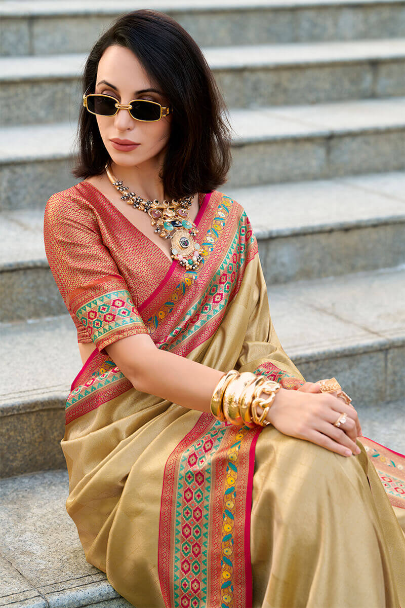 Lovely Beige Paithani Silk Saree With Seraphic Blouse Piece
