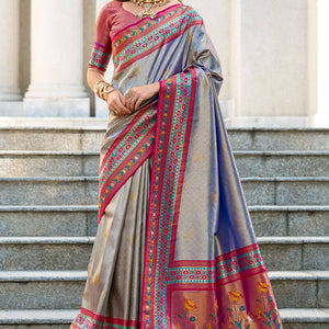 Murmurous Blue Paithani Silk Saree With Profuse Blouse Piece