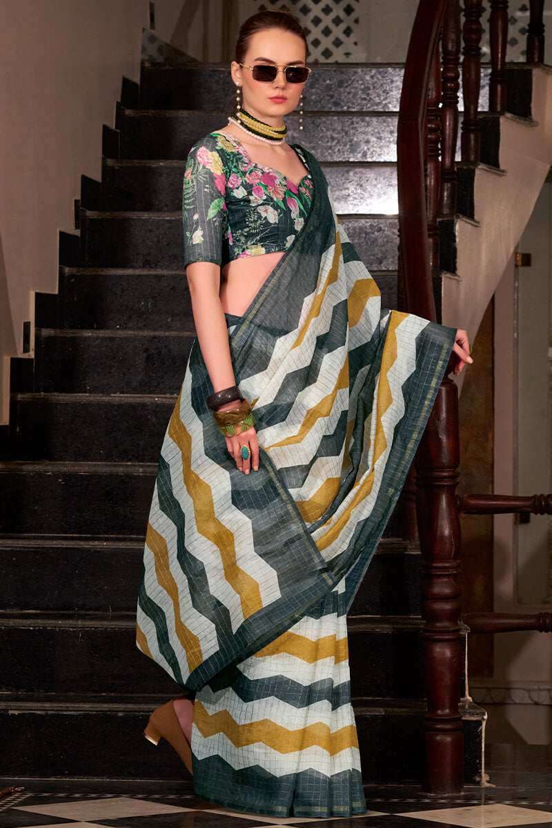 Susurrous Yellow and Black Digital Printed Cotton Silk Saree With Imaginative Blouse Piece