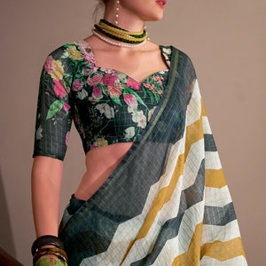 Susurrous Yellow and Black Digital Printed Cotton Silk Saree With Imaginative Blouse Piece