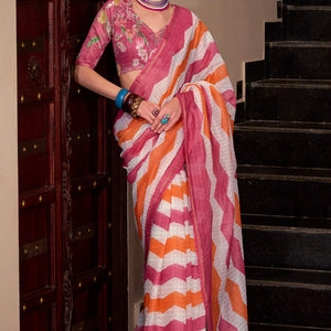 Exquisite Pink and Orange Digital Printed Cotton Silk Saree With Excellent Blouse Piece