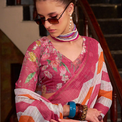 Exquisite Pink and Orange Digital Printed Cotton Silk Saree With Excellent Blouse Piece