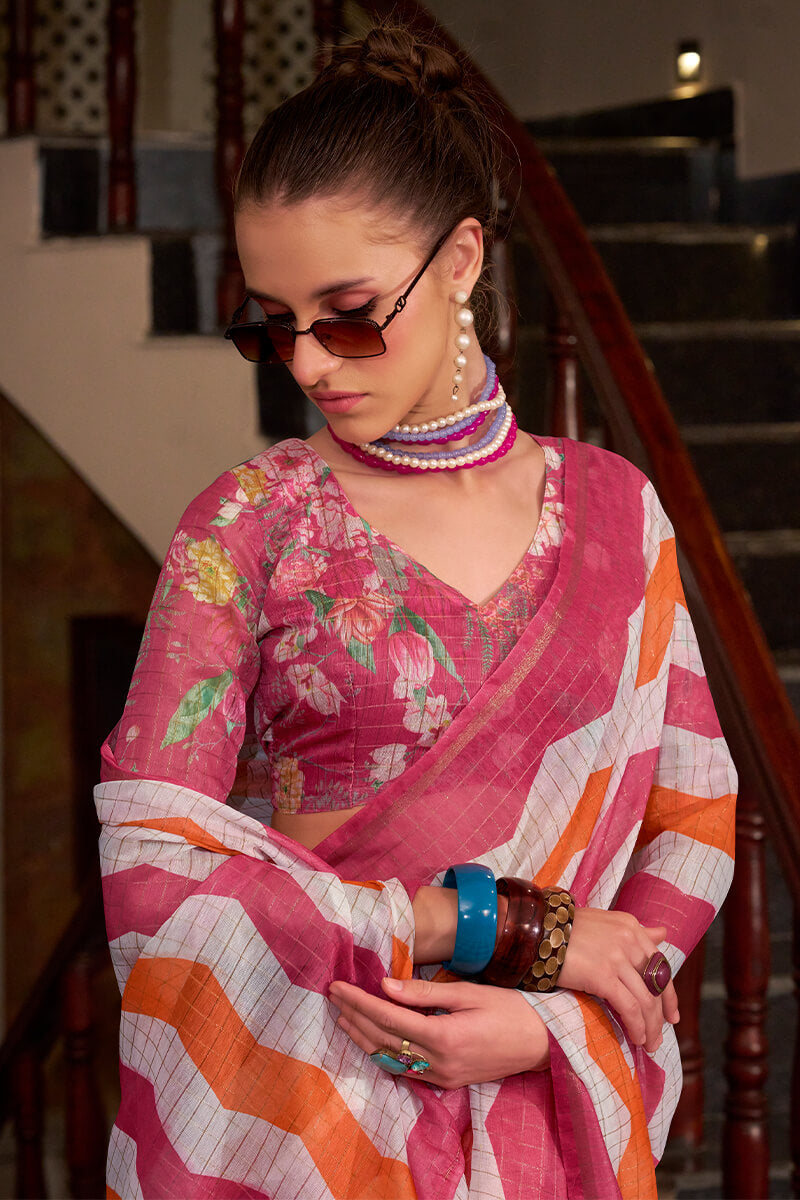Exquisite Pink and Orange Digital Printed Cotton Silk Saree With Excellent Blouse Piece