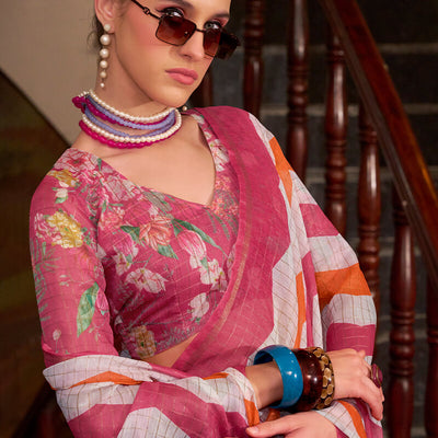 Exquisite Pink and Orange Digital Printed Cotton Silk Saree With Excellent Blouse Piece