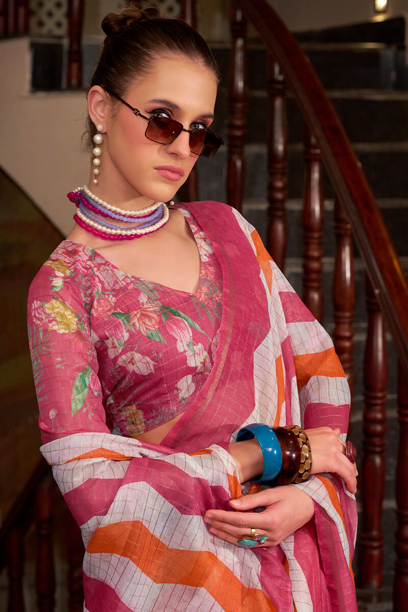 Exquisite Pink and Orange Digital Printed Cotton Silk Saree With Excellent Blouse Piece