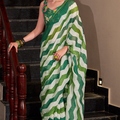 Deserving Green Digital Printed Cotton Silk Saree With Grandiose Blouse Piece