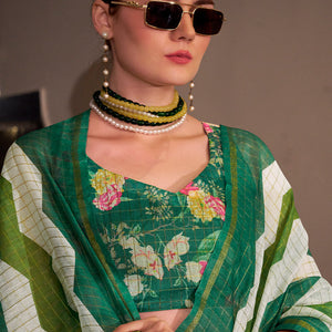 Deserving Green Digital Printed Cotton Silk Saree With Grandiose Blouse Piece