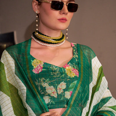 Deserving Green Digital Printed Cotton Silk Saree With Grandiose Blouse Piece