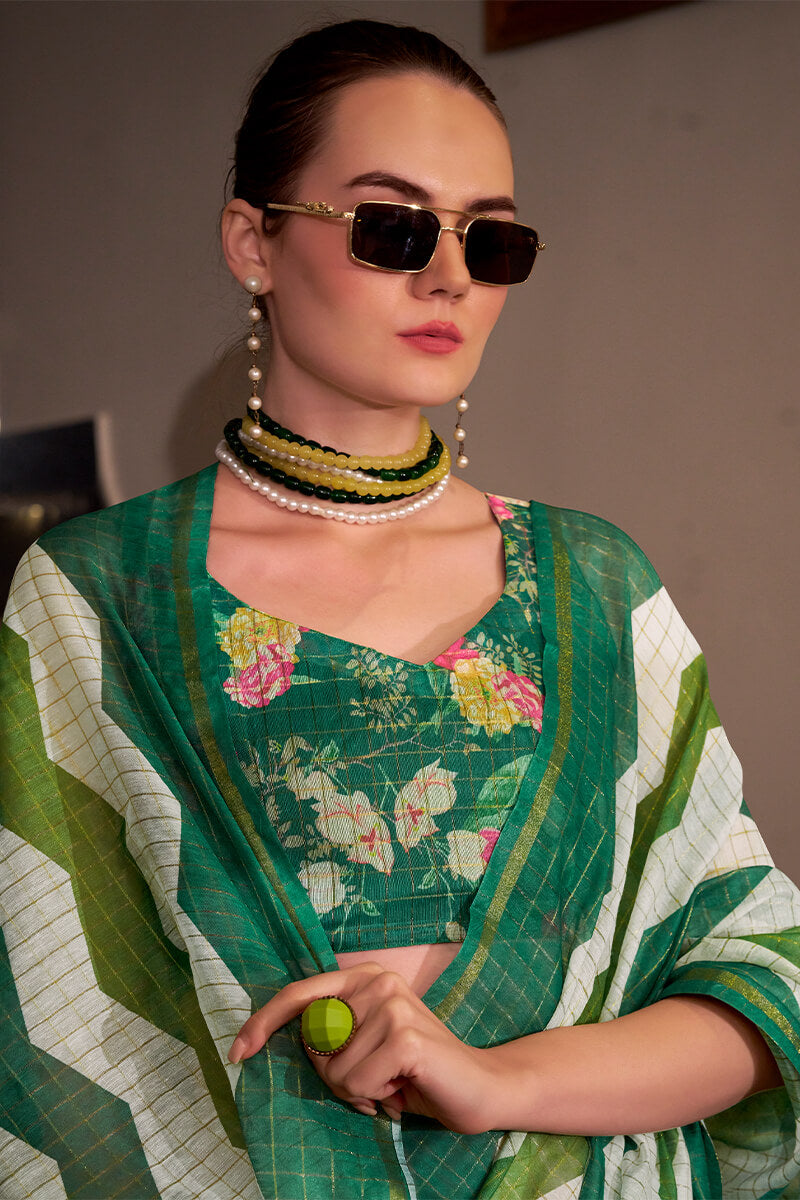 Deserving Green Digital Printed Cotton Silk Saree With Grandiose Blouse Piece