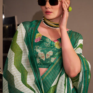 Deserving Green Digital Printed Cotton Silk Saree With Grandiose Blouse Piece