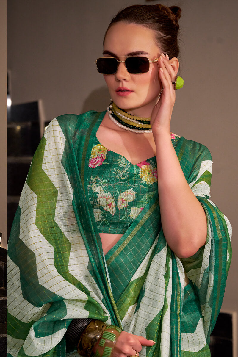 Deserving Green Digital Printed Cotton Silk Saree With Grandiose Blouse Piece