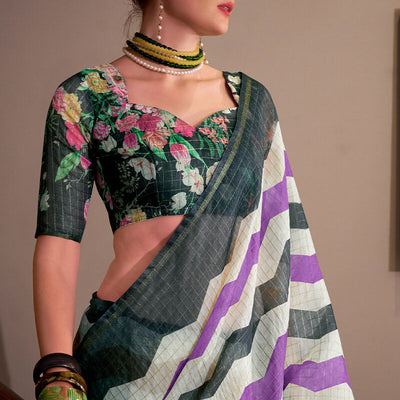 Demesne Lavender and Black Digital Printed Cotton Silk Saree With Elision Blouse Piece
