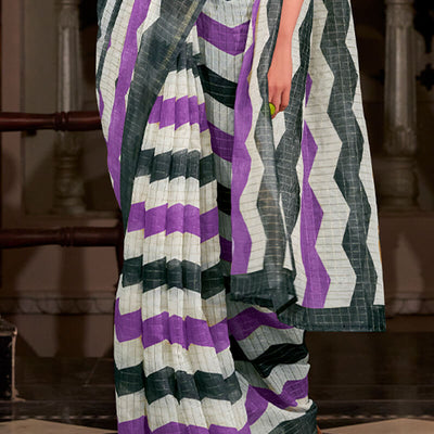 Demesne Lavender and Black Digital Printed Cotton Silk Saree With Elision Blouse Piece