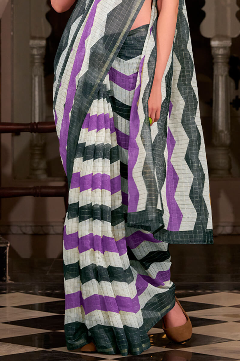 Demesne Lavender and Black Digital Printed Cotton Silk Saree With Elision Blouse Piece