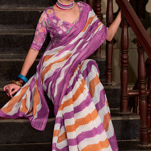 Alluring Lavender and Orange Digital Printed Cotton Silk Saree With Lissome Blouse Piece