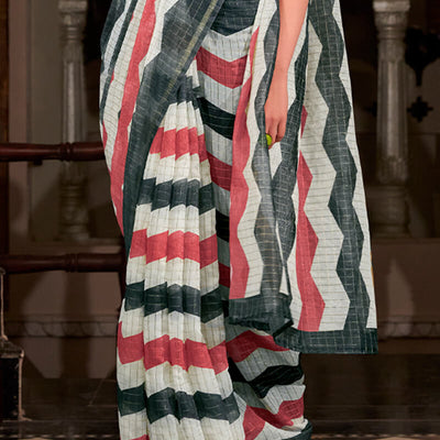 Eclat Red and Black Digital Printed Cotton Silk Saree With Twirling Blouse Piece