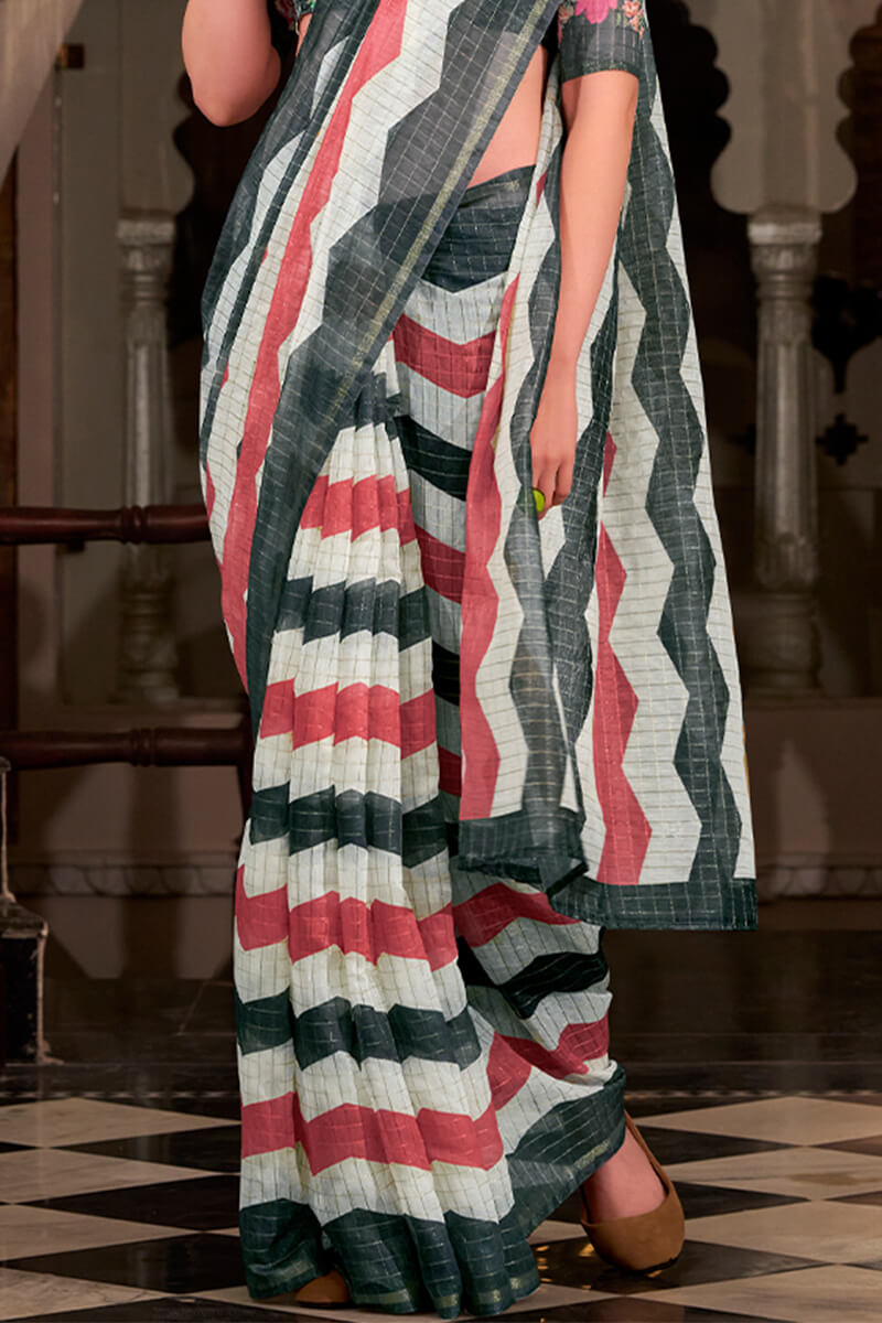 Eclat Red and Black Digital Printed Cotton Silk Saree With Twirling Blouse Piece