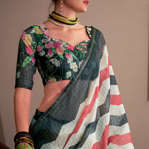 Eclat Red and Black Digital Printed Cotton Silk Saree With Twirling Blouse Piece