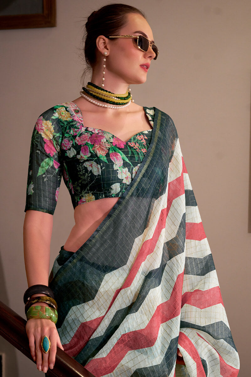 Eclat Red and Black Digital Printed Cotton Silk Saree With Twirling Blouse Piece