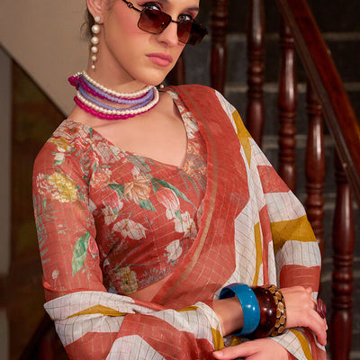 Impressive Red and Mustard Digital Printed Cotton Silk Saree With Glamorous Blouse Piece