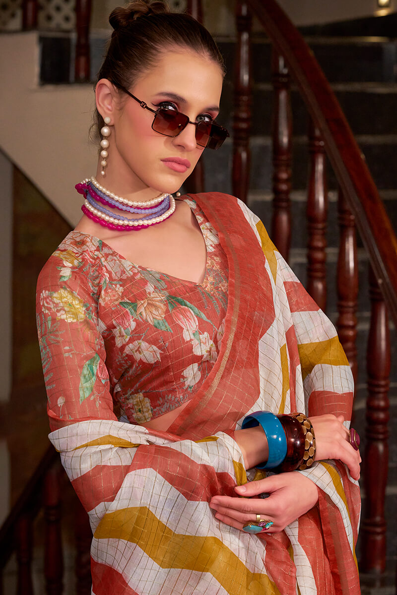 Impressive Red and Mustard Digital Printed Cotton Silk Saree With Glamorous Blouse Piece