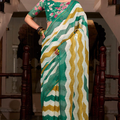Ratatouille Green and Mustard Digital Printed Cotton Silk Saree With Engaging Blouse Piece