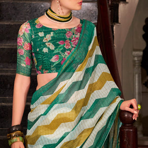 Ratatouille Green and Mustard Digital Printed Cotton Silk Saree With Engaging Blouse Piece